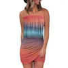 Vestidos casuales Gradient Wrap Ruffled Strapless Bandeau Bodycon Dress Slit Muslo Tie Bust Mujeres Cintura alta A-line