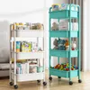 Badrumshyllor 4 3 Tier Plastic Rolling Utility Cart Multifunktionell förvaringsvagn för sovrumskök Rörlig arrangör med hjul 230625