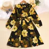 Flickaklänningar 2023 Stil Big Flower Spring Autumn Girls Dress Full Sleeve Princess för 6-12 år gamla barn födelsedagspresent