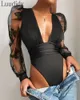 Kobiety Jumpsuits Rompersexy Puff rękawa Glitter wycięty Bodysuit 230625