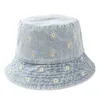 Stingy Brim Hats Spring Denim Cartoon Flower Embroidery Bucket Hat Fisherman Hat Outdoor Travel Sun Cap For Girl And Women 158 230626