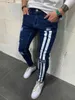 Erkek Kot Harf baskı Yırtık Kalem Kot Erkekler Skinny Biker Yan Çizgili Kot Droyed Delik Hip Hop Slim Fit Jean erkek Pantolon J230626