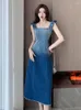 Vestidos casuais Estilo Coreano Moda Versátil Manga Voadora Vestido Denim Macio Feminino Verão Vintage Deslizamento Gradiente Slim Slit Vestidos Longos 2023