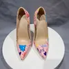 Новые сексуальные туфли на высоком каблуке-шпильке розового цвета с принтом граффити, разноцветные женские туфли-лодочки с острым носком 10 см, вечерние туфли-лодочки