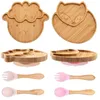 Cups Dishes Utensils 3Pcs Wooden Dinner Plate Silicone Suction Cup Kids Feeding Tableware Bamboo Wood Non-slip Dinnerware Baby Feeding Plate Free BPA 230625