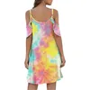 Party Jurken Tie Dye Cold Shoudler Ruffle Mouwen Met Zak Voor Vrouwen Casual Korte Mouwen O Neck T-shirt Jurk strand Zonnejurk Gewaden