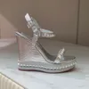 Silvery Stud Platform Wedge Sandaler Kvinnors lyxdesigners Läder Chunky Ankle Strap Heeled Sandal Evening Party Shoes Factory Factwear 12cm