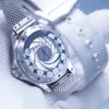 60º aniversário 42MM Mecheancal automático moldura de cerâmica relógios masculinos relógio mostrador azul pulseira de aço inoxidável moldura giratória transparente parte traseira limitada