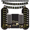 Party Decoration Black Gold Disponertable Tableware Set Paper Plate Cups Banner Cheers Beers 30 40 50 60 Years Birthday Wedding