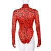 Женские комбинезоны Dompers Bkld Turtleneck Leopard Print Bodysuit с длинным рукавом с перчатками Bodycon Jumpsuit Осенняя клуба Bodysuits 230625