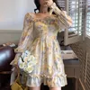 Abiti casual Hstar Abito lungo lungo in chiffon con maniche a sbuffo con stampa floreale vintage in stile francese Boho Party Yellow Oil Painting