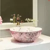 Blume und Vogel rosa Farbe Badezimmer Lavabo Keramik Aufsatzwaschbecken Garderobe Porzellangefäß Waschbecken Waschbecken Waschbecken gute Menge Tqfjt