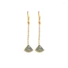 Brincos Pendurados S925 Prata Esterlina Banhado a Ouro Natural Hetian Jade Cinza Eardrops Feminino Longo Folha de Ginkgo Gancho de orelha