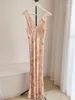 Casual Dresses Women's Sexy V-neck Pink Floral Print Sleeveless Silk Maxi Long Dress - Elegant &