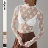 Women's Blouses Summer Women Lace Floral Embroidery Shirt Tops Sexy Mesh Elegant See-through Hollow Out Long Sleeved Shirts