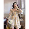 Abiti casual Hstar Abito lungo lungo in chiffon con maniche a sbuffo con stampa floreale vintage in stile francese Boho Party Yellow Oil Painting