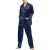 Herren-Nachtwäsche, Herren-Loungewear-Pyjama-Set für Nachtwäsche, langärmelig, Schlaf-Oberteil, Hose, Satin-Seiden-Pyjama, Pyjama