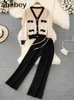 Women's Two Piece Pants Elegant Knitted Suit Women Set 2023 Spring Korean Sweater Cardigan And Fashion Wide Leg Pant Chic Ladies Outfits