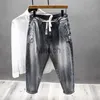 Men's Jeans Elastic Waist Jeans Men's Blue Gray Retro Bleached Baggy Fashion Dstring Tapered Haron Jeans Denim Trousers Streetwear J230626