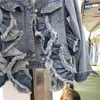 Chaquetas de mujer Primavera Vintage Volantes Patchwork Agujero Chaqueta corta de mezclilla Mujer Azul Casual Recortada Prendas de vestir Otoño Solapa Jeans de manga larga