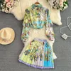 Sukienki robocze Kobiety modne zestawy luksusowej koszuli drukowanej top plisowana mini spódnica wiosna lato zabytkowe guziki z długim rękawem