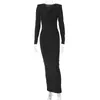 Casual jurken 2023 herfst vrouwen elegant o nek lange mouwen schoudervullingen gedrapeerde sexy bodycon maxi prom jurk streetwear feest y2k y2k