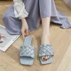 Women Slip on PU Leather Slippers Ladies Soft Bottom Summer Fashion Flat Slipper Casual Shoes Square Toe Female Footwear Leather Sandals