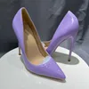 Mor Rugan 12 Cm Bayan Yüksek Topuk Ayakkabı Parlak Dar Burun Stilettos 8 Cm 10 Cm Ince Topuklu Slip On Ayakkabı Kadın