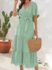 Basic Casual Dresses Green Long Dress Women Summer Elegant Jacquard Female Boho Beach Loose Maxi Short Sleeve Lace Up Robe Longue 230625