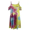 Party Jurken Tie Dye Cold Shoudler Ruffle Mouwen Met Zak Voor Vrouwen Casual Korte Mouwen O Neck T-shirt Jurk strand Zonnejurk Gewaden