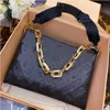 PM Puffy Shoulder Bags M21353 Navy Blue Textile strap Chain CrossBody Bag Embossed Women Designer Handbag Discreet Floral Pattern