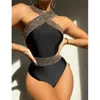 Kvinnors badkläder Sexig Push Up One Piece Swimsuit 2023 Hög midja Black Stitch Bikini Bathing Suits Beach Wear Brasilian Monokini Swimming Suits J230506