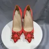 Rouge soie cristal boucles femmes pompes extrême haut talon bout pointu sans lacet pompes élégantes dames chaussures de fête