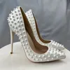 Sexy All White Spike Rivets Super High Heels 10cm Women Pumps Party Wedding Fashion Shoes Woman Plus Size 33-45