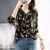 Blusas Femininas Costura de Renda Blusa de Manga Longa Feminino 2023 Qualidade Casual Simples Estampado Decote em V Coreano Emagrecedor Tops Finos