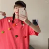 TシャツDayifunショートスリーブTシャツ女性用ソリッド甘い3D花刺繍大型Tシャツ韓国バージョン