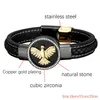 Bracelets porte-bonheur luxe Zircon aigle Animal Punk Design hommes en cuir corde chaîne bracelets rond pierre naturelle bijoux pour homme