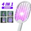 Pest Control 4 In1 Electric Mosquito Killer Fly Swatter USB Rechargeable Trap Mosquito Racket Insect Killer UV Light 3000VベッドルームバグZapperhkd230626