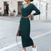 Lässige Kleider Gestricktes Kleid mit langen Ärmeln Warmer Frostschutz Herbst Winter Frauen Eleganter fester gerippter Maxi-Bodycon für Dating