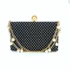 Kvällspåsar Grid Rhinestone For Women Bling Bride Clutches Pearl Metal Chain Handle Handväska Elegant cocktailparti axelväska