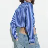 Blusas de mujer Camisa corta a rayas azules Blusa con botones para mujer Blusa con nudo en el dobladillo Camisas de manga larga para mujer y para