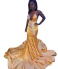 Black Girls Gold Mermaid Prom Dresses New Open Back Sweep Strain Pizzo profondo scollo a V Spaghetti Abito da sera formale Abiti da festa