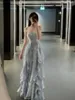 Sukienki swobodne Summer Blue Ruffles Fairy Dress Women Solid elegancka impreza długa kobieta koreańska moda bez pleców 2023 francuska