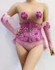 Damen-Overall, Strampler, rosa, ärmellos, Blumen-Party-Bodysuit mit Kristall-Gürtel-Handschuh, Nachtclub-Pole-Dance-Trikot, Bühnen-Outfit-Sets 230625