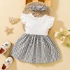 Robes fille FOCUSNORM 2 pièces bébé été robe mignonne 0-3Y manches Plaid Patchwork avec grand nœud papillon a-ligne bandeau