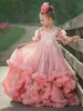 Puffy Pink Flower Girl Dress Spaghetti Strap Ruffles Bohemian Kids Prom Party Gown Lace Appliques A Line Kids Birthday Dresses