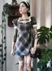 Casual Kleider 2023 Gothic Korsett Plaid Sommer Tank Kleid Für Frauen Streetwear Ärmellose Patchwork Sexy Grunge Party Club Festival