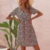 Casual Dresses Fashion Women'S Summer Round Neck Wrinkle Floral Printed Pattern Loose Button Plain A-Line Tunic Dress Vestidos