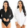 Kvinnors jumpsuits rompers kvinnliga kvinnor flickor krage v hals onepiece vändning långärmad knapp ner enkel vård arbetande bodysuit skjorta jumpsuit 230625