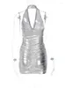 Casual Dresses OMSJ 2023 Summer PU Leather Metallic Silver Pleated Sleeveless Backless Bodycon Fashion Sexig dragkedja Tät klänning Party
